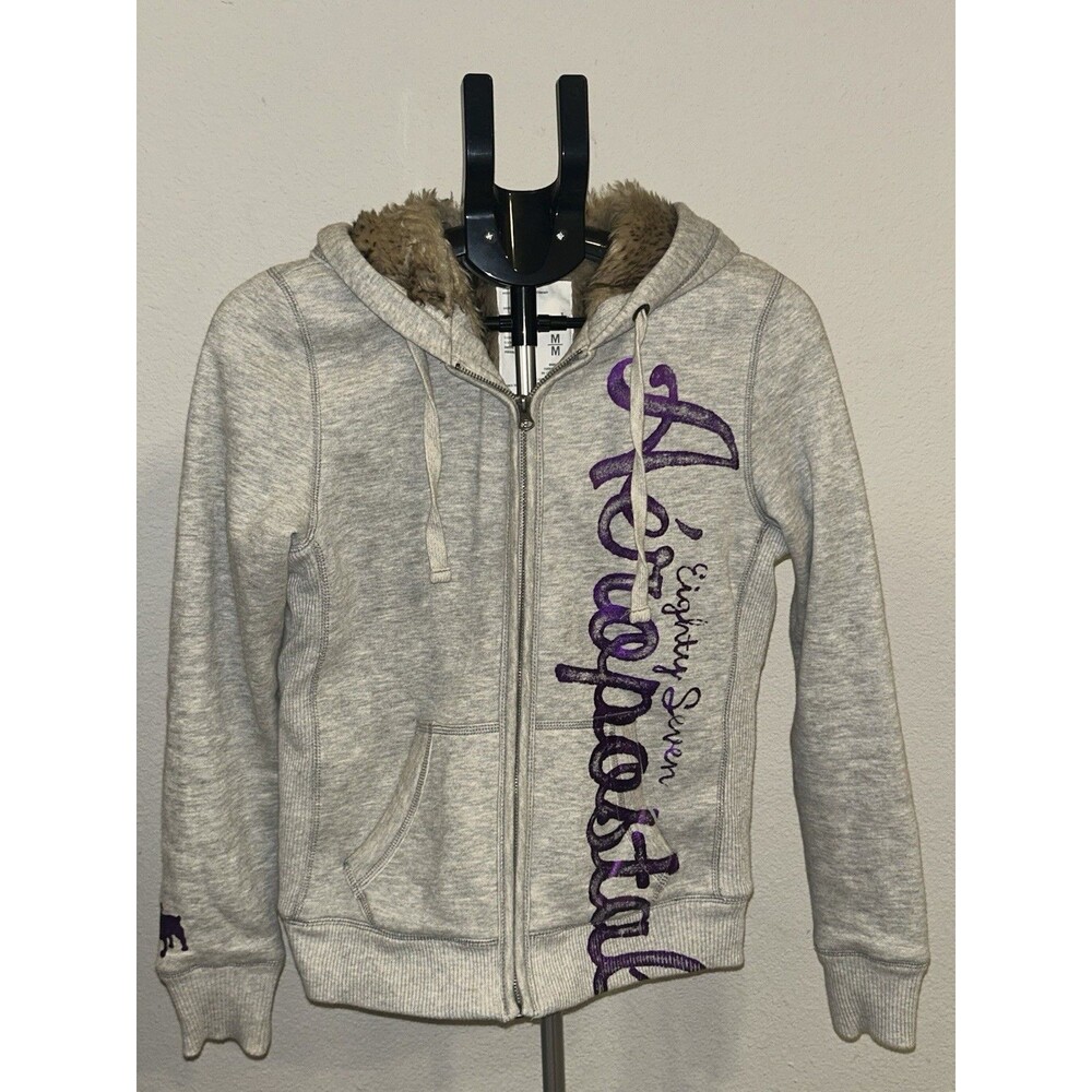VTG Y2K Aeropostale 87 Faux Fur Lined Hoodie Grey Purple Medium Full Zip 2000s - Picture 4 of 9